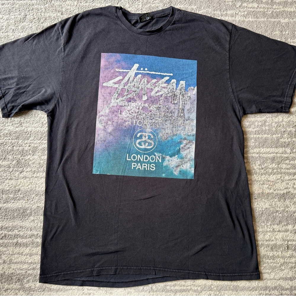 Stussy Clouds London Paris t-shirt front and back graphics
